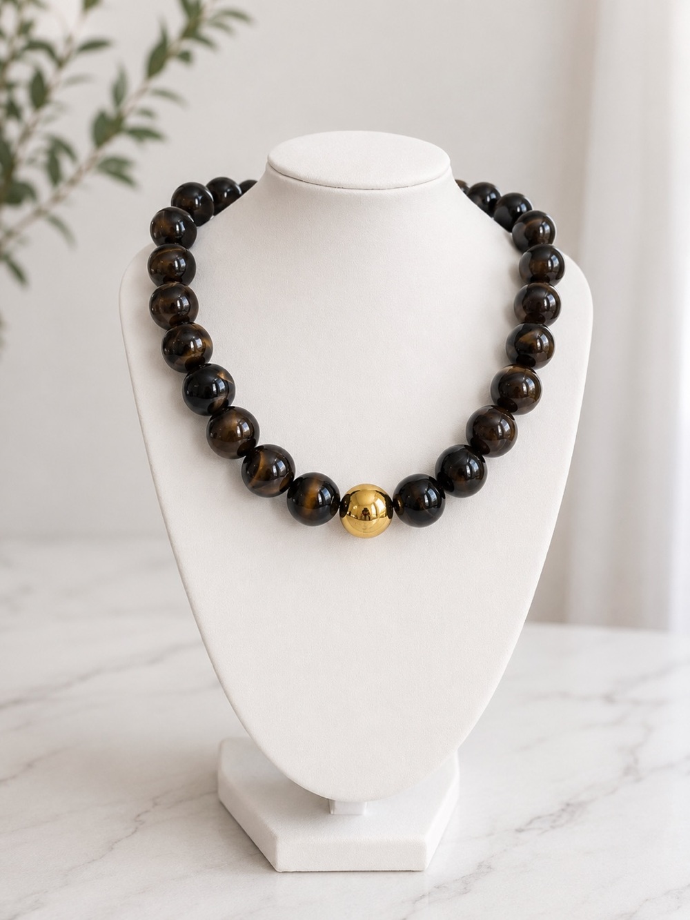 Gold Accent Tiger Eye Bead Necklace - Women Jewelry